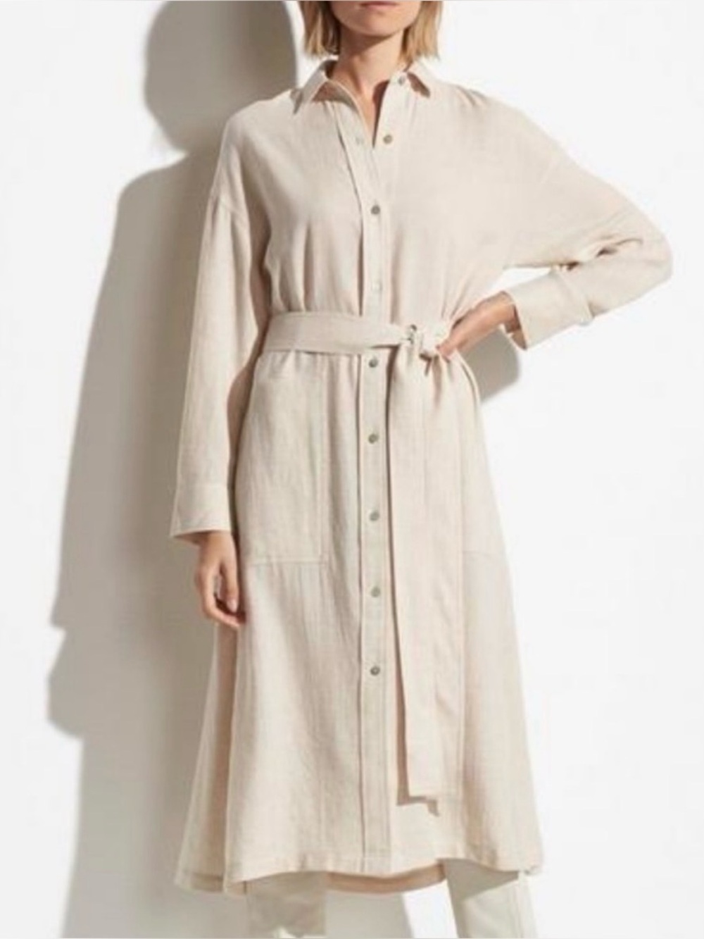 Vince Dove Oat Italian Fabric Belted Shirt Dress XS Neutral Midi Cotton Blend